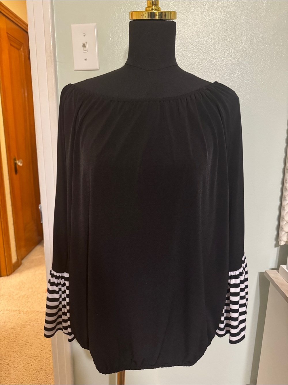Michael Kors Black Off-the-Shoulder Shirt with Striped Cuffs-bell sleeve